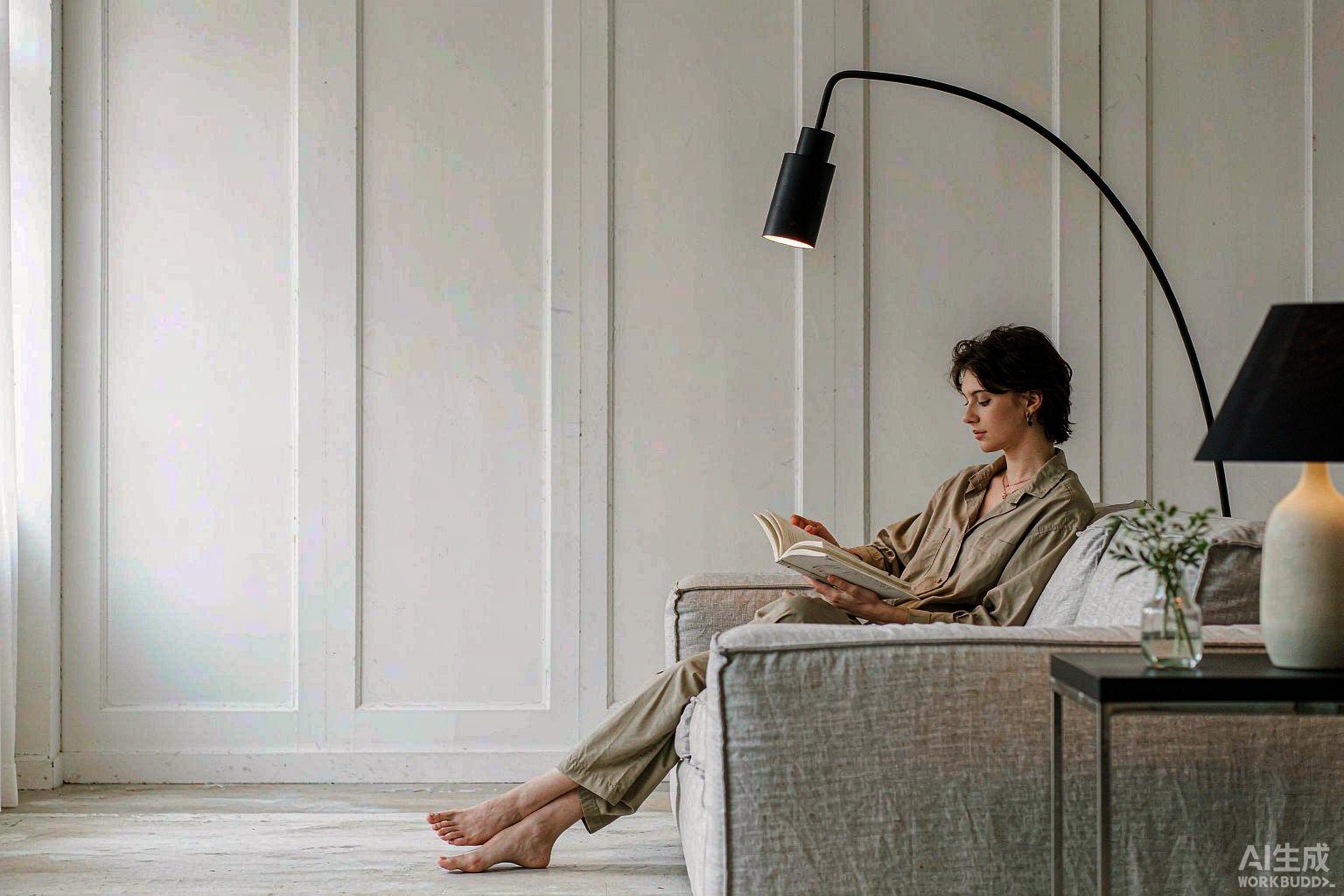 A slim arc floor lamp glowing beside a linen sofa in a sunlit living room